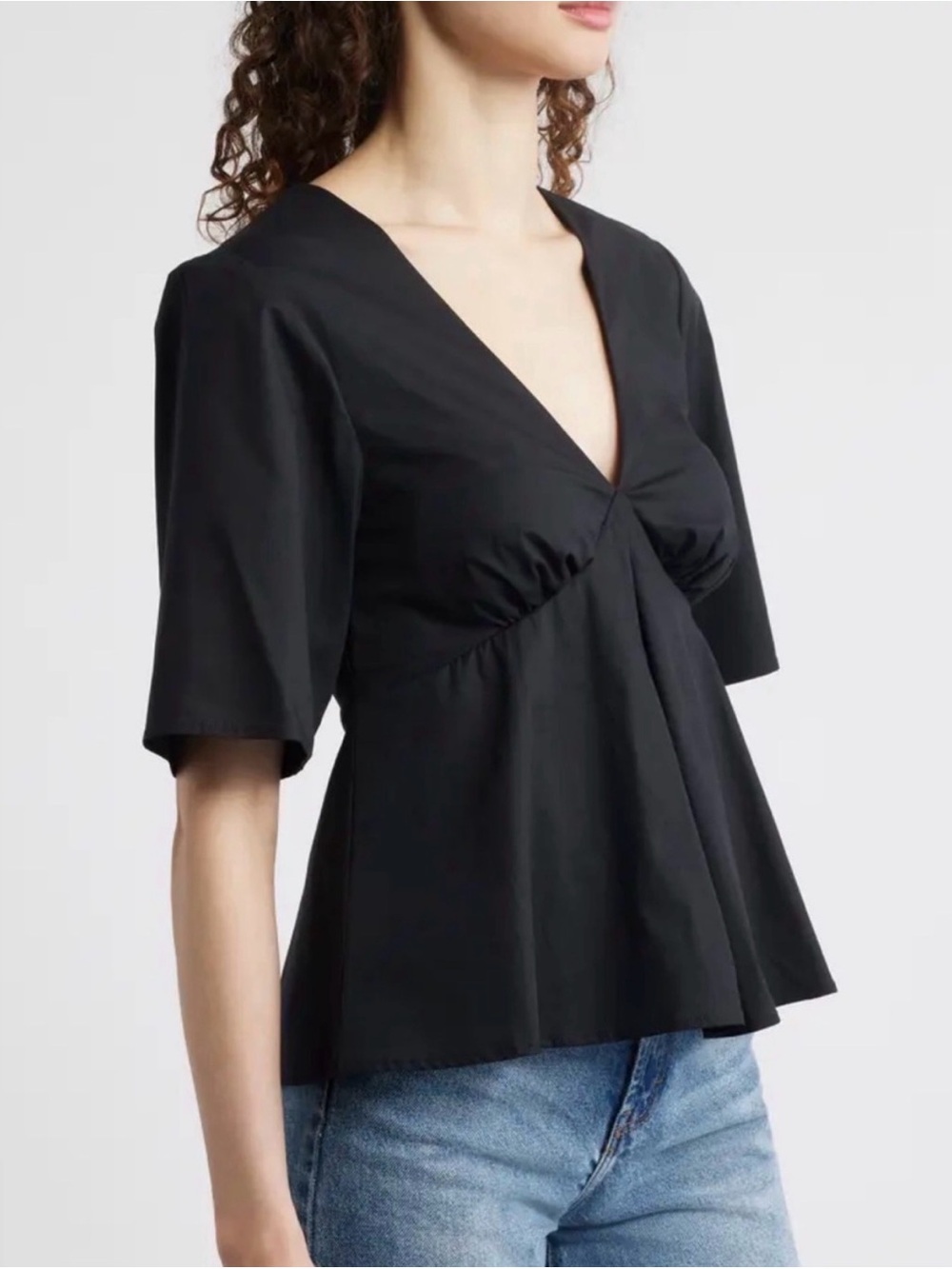 NWOT WAYF deep v poplin short sleeve peplum shirt, black, size 8